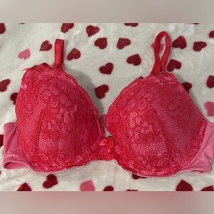Adore Me Red Lace over a Hot Pink Bra with Bow Accents! Like new. 38C